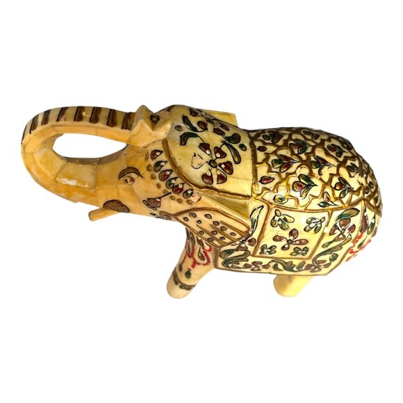 VTG Hand-Painted Faux Bone Elephant Figurine – 7” Carved Sculpture with Floral D - Picture 5 of 6